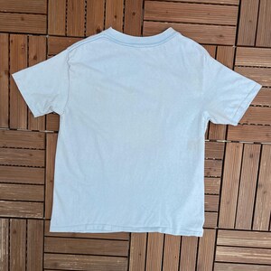 May include: A light blue short-sleeved t-shirt, viewed from the back, with a crew neck. The shirt is made of a soft material and is laid flat on a wooden surface. The shirt's color is a pale, faded blue.
