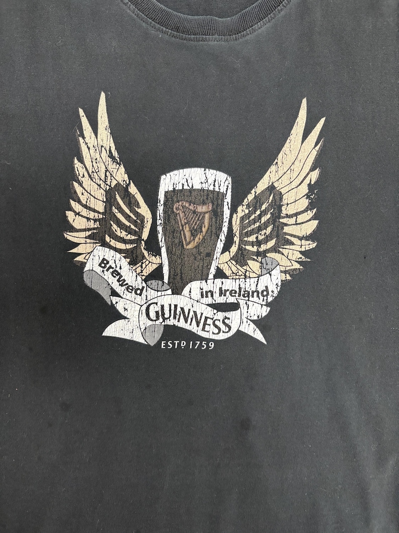 May include: Dark gray t-shirt featuring a Guinness logo with a pint of stout, a harp, and wings. The text reads "Brewed in Ireland" and "Guinness ESTD 1759" in a distressed, vintage style.