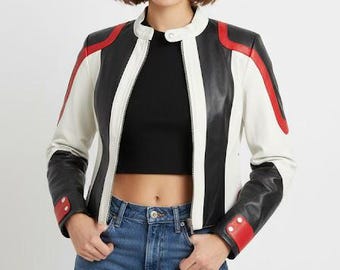 Vintage Leather Racing Jacket - Color Block Biker Jacket - Black White and Red Moto Coat - Women's Cropped Cafe Racer Jacket -Y2K Streetwear