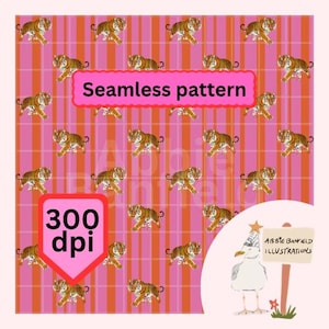May include: Seamless pattern design featuring orange and brown tigers on a pink and orange striped background. The words "Seamless pattern" are in a pink rectangle. The image also includes a "300 dpi" graphic and a seagull illustration.