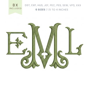 May include: Green embroidered monogram of the letters EML with decorative flourishes. The image includes the text "BX INCLUDED" and "6 SIZES | 1.5 TO 4 INCHES". The letters are approximately 1.5 to 4 inches in height.