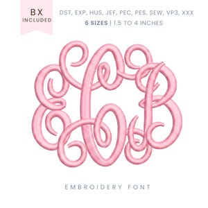 May include: A pink embroidery font design featuring the letters E, C, and B intertwined in a decorative monogram style. The design includes the text "6 SIZES | 1.5 to 4 INCHES" and "EMBROIDERY FONT".