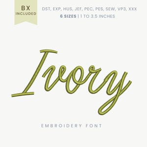 Puede incluir: Fuente bordada "Ivory" en verde claro, de estilo cursivo, sobre un fondo neutro. La imagen incluye el texto "EMBROIDERY FONT" e indica 6 tamaños, que van de 2,5 a 8,9 cm. También está presente el texto "BX INCLUDED".