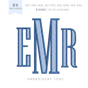 May include: Blue embroidery font displaying the letters EMR. The font offers 6 sizes, from 3.8 to 10.2 cm. The text "EMBROIDERY FONT" is below the letters. The image also includes the text "BX INCLUDED".