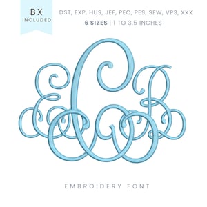 May include: Light blue monogram embroidery font featuring intertwined letters E, C, and B. The design includes the text "BX INCLUDED" and "6 SIZES | 2.5 to 8.9 cm". The words "EMBROIDERY FONT" are also included.