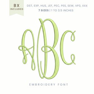 May include: A light green embroidered monogram with the letters ABC in a flowing script. The image includes the text "7 SIZES | 1 to 3.5 INCHES" and "EMBROIDERY FONT". The design is suitable for embroidery projects.