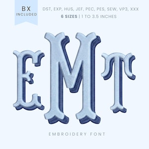 May include: A light blue embroidery font featuring the letters EMT. The letters have a layered design with a darker blue outline and a textured appearance. The image includes the text "6 SIZES | 1 TO 3.5 INCHES" and "EMBROIDERY FONT".