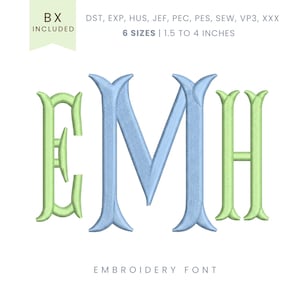 Puede incluir: Una fuente de bordado con las letras EMH en azul claro y verde. La imagen incluye el texto "6 TAMAÑOS | 3,8 a 10,2 cm" y "EMBROIDERY FONT". Las letras tienen un diseño decorativo y estilizado.