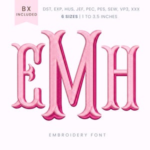 Könnte beinhalten: Rosa gestickte Monogrammbuchstaben E, M und H. Die Buchstaben sind in einer dekorativen Schriftart mit einem gewellten Sockel und einem verzierten Oberteil gehalten. Der Text "6 GRÖSSEN | 2,5 bis 9 cm" und "EMBROIDERY FONT" ist enthalten.