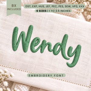 Può includere: Il nome Wendy è ricamato in un carattere corsivo verde scuro su un tessuto di lino beige chiaro. Le scritte sovrapposte indicano BX incluso, formati file DST, EXP, HUS, JEF, PEC, PES, SEW, VP3, XXX e 6 dimensioni da 2,54 a 8,89 cm.