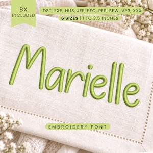 Op de afbeelding: Een borduurlettertypeontwerp met de naam Marielle, gestikt in limoengroene draad op witte linnen stof. De tekst bevat de bestandsformaten DST, EXP, HUS, JEF, PEC, PES, SEW, VP3, XXX en geeft 6 maten aan variërend van 2,54 tot 8,89 cm.