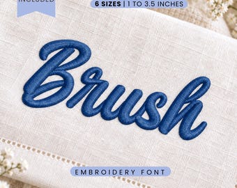 May include: A digital embroidery font design featuring the word Brush in a dark blue script typeface. The text is displayed on a light fabric background with labels indicating BX included, file formats DST, EXP, HUS, JEF, PEC, PES, SEW, VP3, XXX, and 6 sizes from 1 to 3.5 inches.