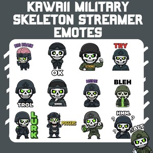 May include: Kawaii military skeleton streamer emotes. The image features a collection of cartoon skeleton characters in military uniforms, each displaying a different expression or action. Text includes "Big Brain", "Ok", "Strong", "Try", "Trol", "Shhh", "Hehe", "Bleh", "Lurk", "Poggers", "Hmm", and "Salt".