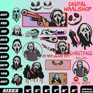 Könnte beinhalten: Eine Sammlung digitaler Stickmotive mit der Ghostface-Figur in verschiedenen Posen mit Messern, Telefonen und Horror-Texten wie 'I SEE DEAD PEOPLE', 'NO YOU HANG UP' und 'GHOSTFACE CALLING' auf einem Hintergrund mit Farbverlauf.