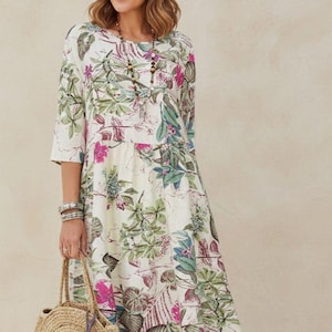 Abito midi floreale boho, ampio, casual, a trapezio, primaverile, con maniche a 3/4, scollo a O, retrò, per le vacanze