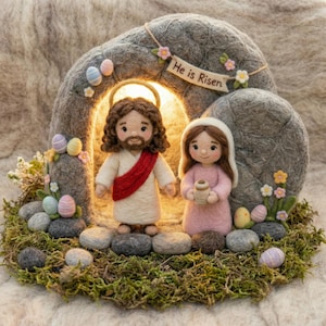 May include: A felted Easter scene with Jesus and Mary in front of a stone tomb. The scene includes Easter eggs, flowers, and the text "He is Risen" on a banner. The figures are set on a bed of moss and stones, creating a religious display.