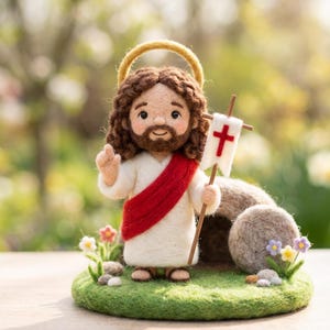 May include: A felted figure of Jesus with a halo, holding a banner with a red cross. He wears a white robe with a red sash. The figure stands on a green base with flowers and a tomb. The background is blurred.