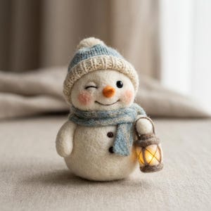 Puede incluir: Figura de muñeco de nieve hecha a mano con un guiño. El muñeco de nieve lleva un gorro y una bufanda de punto azul y crema, y sostiene una pequeña linterna. El muñeco de nieve tiene mejillas rosadas y una nariz de zanahoria.