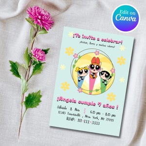 May include: A pale blue invitation card with the text "¡Te invito a celebrar!" and "¡Angela cumple 7 años!" features a cartoon illustration of three characters. The card includes event details and RSVP information. A pink flower and stem are in the background.