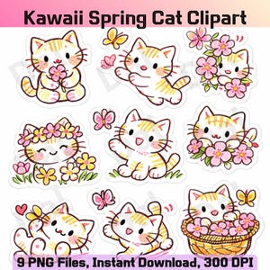 Puede incluir: Nueve imágenes prediseñadas digitales de gatos de dibujos animados lindos en entornos primaverales. Los gatos son blancos con rayas naranjas y mejillas rosadas, interactuando con flores y mariposas. El texto en la parte superior dice "Kawaii Spring Cat Clipart".