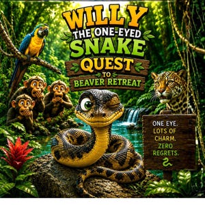 May include: A colourful illustration depicting a cartoon snake named Willy with one eye, set in a jungle scene. Monkeys, a parrot, and a jaguar are also present. The text reads "Willy the One-Eyed Snake Quest to Beaver Retreat."