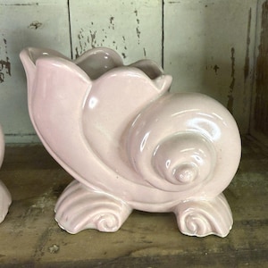 May include: A light pink ceramic seashell planter. The planter has a spiral design and sits on three shell-shaped feet. The top of the planter has a scalloped edge. The planter is a decorative item.