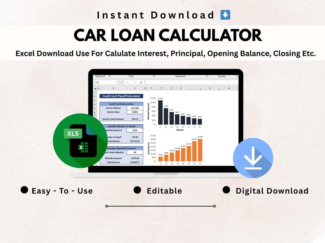 Car Loan Calculator Excel | Auto Loan EMI &amp; Interest Calculator | Editable Spreadsheet | Digital ...