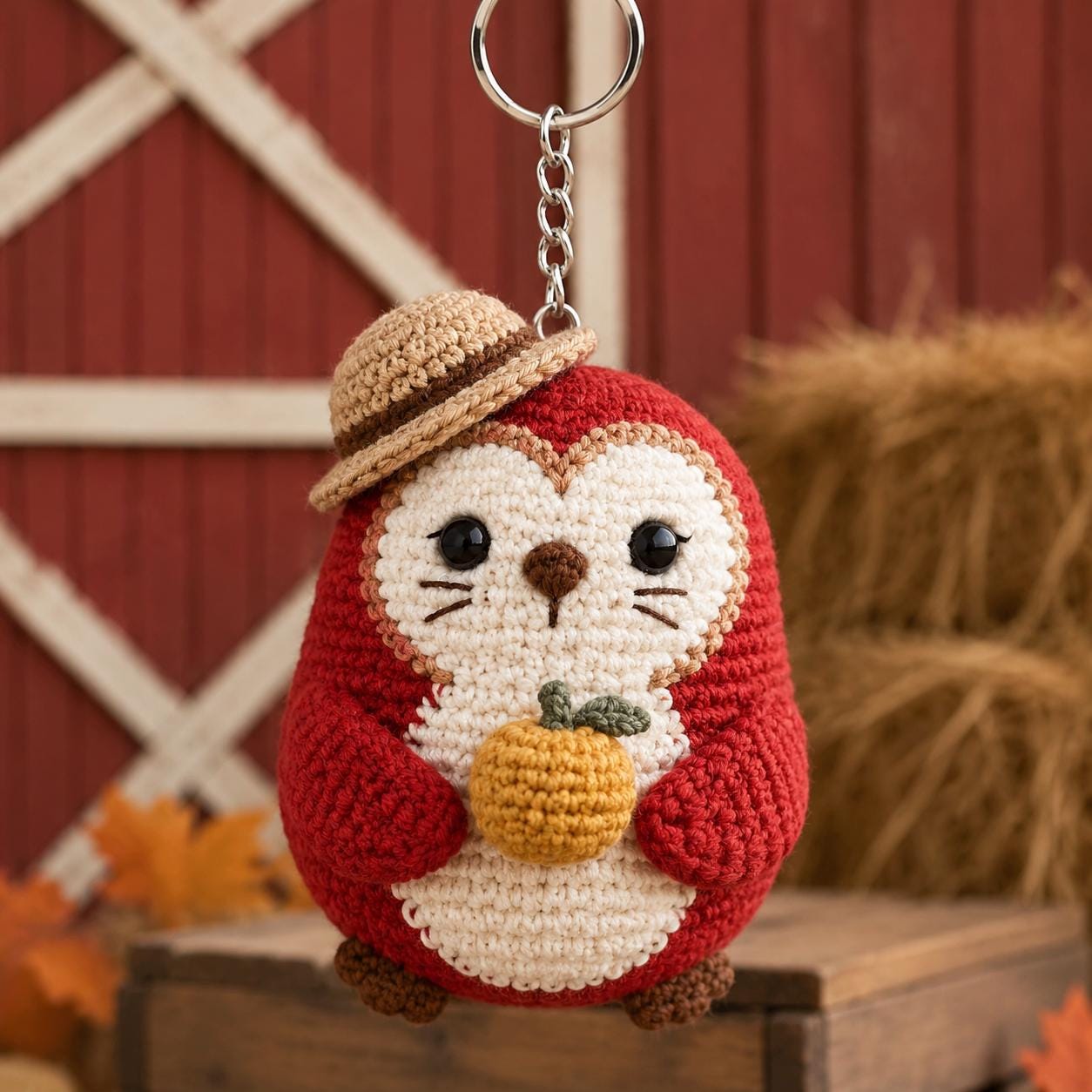 Rustic Barn Owl Charm, Miniature Crochet Harvest Figurine, Cottagecore Farmhouse Bag Accessory