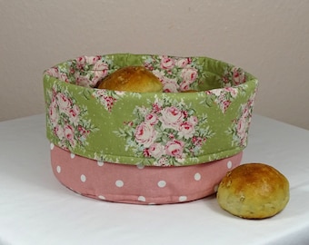 Bread & Fruit Basket - green roses floral pink polkadots