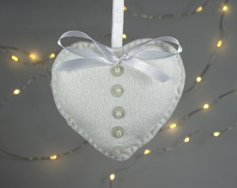 Felt Christmas heart ornament - white glass bead sequin satin ribbon