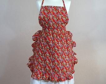 Women’s Pin-up Retro Style Full Apron red roses floral