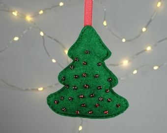 Felt Christmas tree ornament - green red glass beads