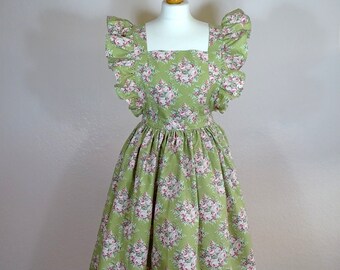 Women’s Retro Style Full Apron roses floral green pink