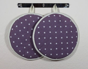 Pot holders round purple white stars set of 2