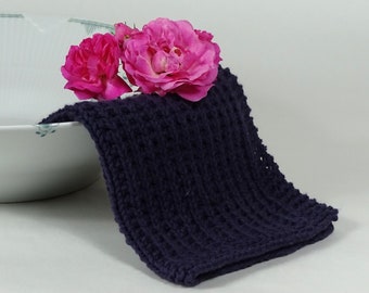 Hand knitted dish cloth medium wash cloth - soft cotton eggplant purple