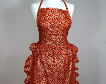 Women’s full apron Pin-up Retro Style Christmas red gold