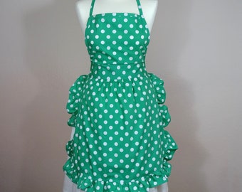 Women’s full apron Pin-up Retro Style polkadot print green white