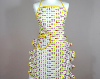 Women’s full apron Pin-up Retro Style cherry print yellow red pink