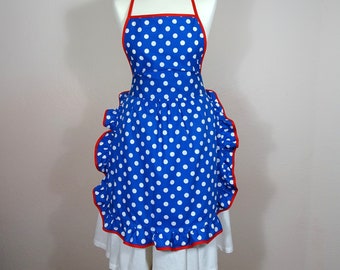 Women’s full apron Pin-up Retro Style polkadot print cobalt blue red white