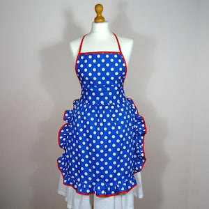 Women’s full apron Pin-up Retro Style polkadot print cobalt blue red white