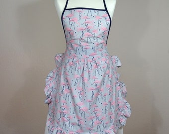 Women’s full apron Pin-up Retro Style flamingo print gray pink