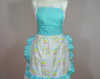 Women’s full apron Pin-up Retro Style pastel macaron turquoise polkadot print