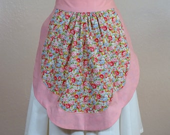 Women’s Pin-up Retro Style Scalloped Half Apron roses floral pink blue