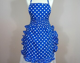 Women’s full apron Pin-up Retro Style polkadot palm tree print cobalt blue white