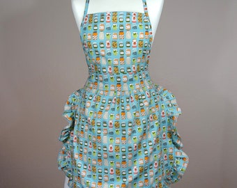 Women’s full apron Pin-up Retro Style turquoise blue pantry jar print