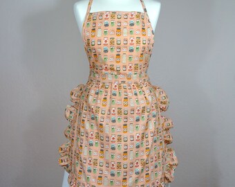 Women’s full apron Pin-up Retro Style peach pink pantry jar print