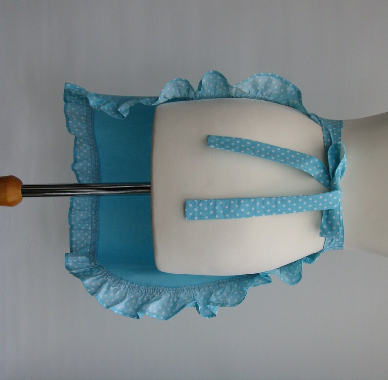 Retro frilly women/'s half apron turquoise aqua blue cotton with polkadots