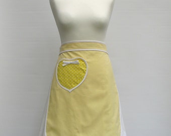 Women’s Pin-up Retro Style Half Apron Simple with Heart Pocket and Binding Yellow Handmade