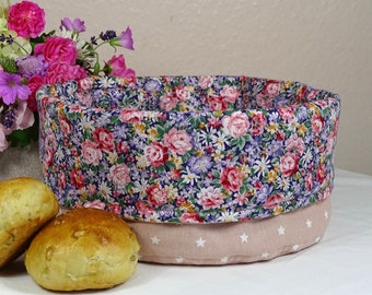 Bread & Fruit Basket - pink blue white roses flowers stars