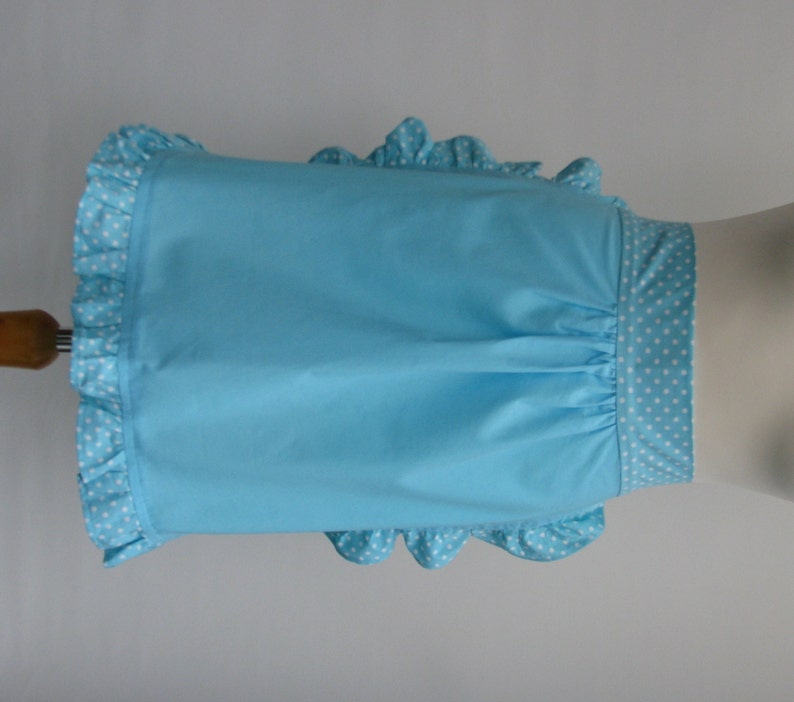 Retro frilly women/'s half apron turquoise aqua blue cotton with polkadots